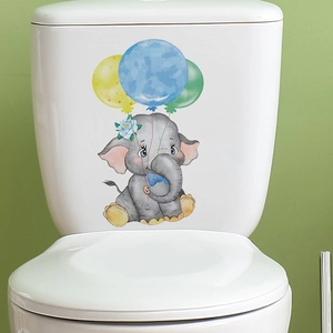 Watercolor cartoon elephant wall stickers with colorful balloons for bedroom or toilet decor