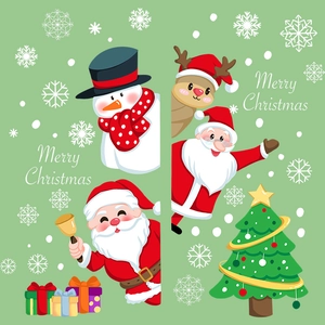 Cartoon Santa Claus and Snowman Christmas window stickers with festive holiday decorations