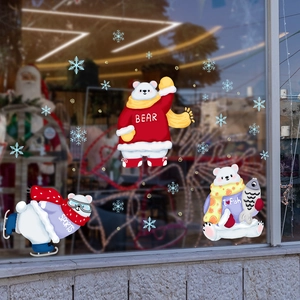 Christmas window decals with cute cartoon polar bears and snowflakes for festive home decor