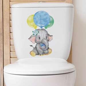 Cartoon elephant wall sticker with colorful balloons for nursery or bathroom decor