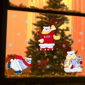 Christmas window decals with cute cartoon polar bears and snowflakes for holiday glass decor