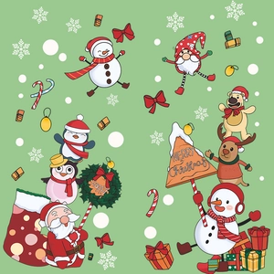 Festive Merry Christmas window stickers featuring Santa Claus, snowman and reindeer designs