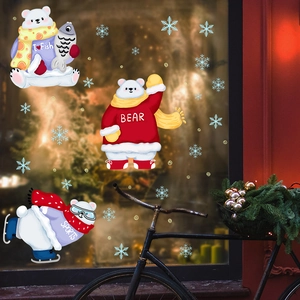 Christmas Cute Cartoon Polar Bear Window Stickers PVC Removable Snowflake Wall Decals For Home Shop Glass Decoration