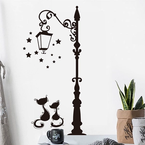 Creative music record vinyl wall sticker with cat, street lamp and stars for home decor