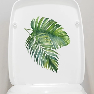 Watercolour Monstera tropical green leaf self-adhesive sticker on white toilet lid decor