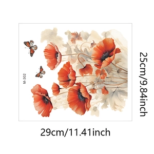 Detail showing red poppy flowers and butterflies watercolor wall sticker with dimensions