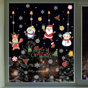 UV static Christmas window decals featuring Santa, reindeer, and Merry Christmas text
