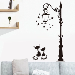 Black silhouette wall decal featuring cats, vintage street lamp, and stars for home decor