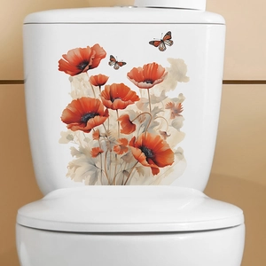 Waterproof PVC Romantic Red Poppy Flower And Butterfly Toilet Sticker Removable Watercolor Bathroom Decor Wall Decal