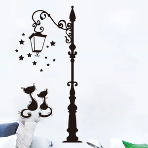 Creative music record sign wall sticker with vintage lamp post and cats silhouette decor