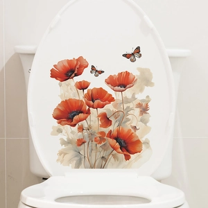Waterproof PVC toilet lid sticker featuring red poppy flowers and butterflies for bathroom decor