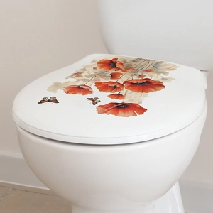 Romantic red poppy flowers and butterflies self-adhesive bathroom toilet seat lid sticker