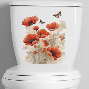 Romantic watercolor red poppy flowers and butterflies self-adhesive bathroom toilet wall decal
