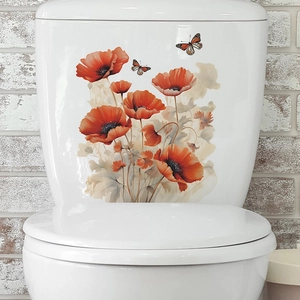 Romantic red poppy flower and butterfly self-adhesive toilet tank sticker for home decor