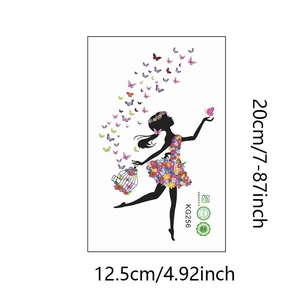 Muursticker bloemenfee silhouet met gekleurde vlinders en vogelkooi model KG256