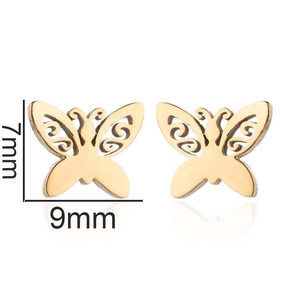 Golden hollow butterfly stud earrings in stainless steel with 7mm by 9mm dimensions