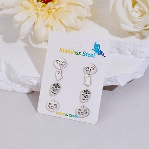 Set de 4 pares de pendientes de Halloween de acero inoxidable con fantasmas y calaveras
