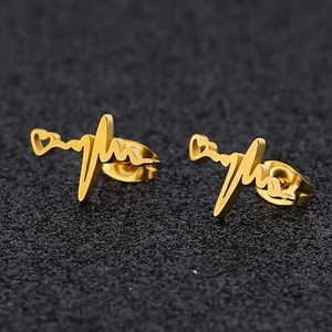 Boucles d'oreilles clous électrocardiogramme doré avec petit cœur en acier inoxydable