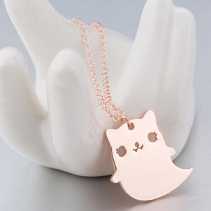 Collana con Ciondolo a Forma di Gatto Fantasma Cartone Animato in Acciaio Inossidabile Catena Charm per Donna Halloween Gioielli