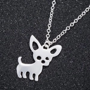 Polished silver stainless steel necklace with a minimalist chihuahua dog pendant for women