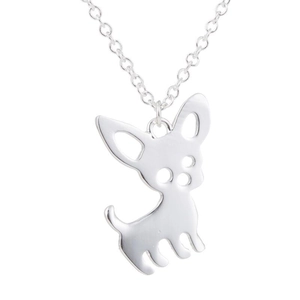 Detailed view of silver hollowed chihuahua dog pendant on a stainless steel chain