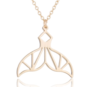 Detailed front view of a minimalist golden hollowed mermaid tail pendant on an O-chain