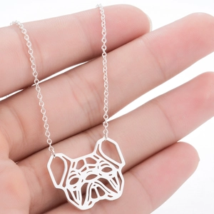 Polished silver stainless steel pug pendant necklace with hollow geometric line design