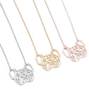 Modern hollow Pug dog pendant necklace in silver, gold, and rose gold stainless steel