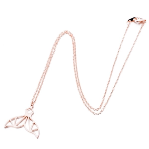 Rose gold mermaid tail pendant necklace with hollow geometric design on white background