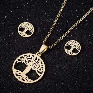 Close-up of golden Tree of Life jewelry set with hollow necklace and stud earrings