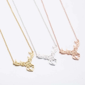 Three-color geometric origami deer head pendant necklaces in gold, silver, and rose gold