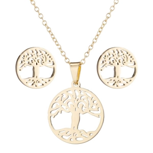 Detail of gold Tree of Life jewelry set including hollow round necklace and stud earrings