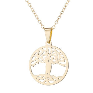Golden stainless steel necklace set with hollow Tree of Life circular pendant and studs