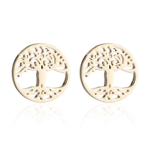 Elegant golden Tree of Life hollow round stud earrings in polished stainless steel