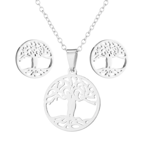 Silver stainless steel jewelry set featuring hollow Tree of Life necklace and stud earrings
