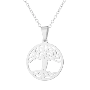 Detail of silver tree of life pendant with intricate cutouts on a fine link chain