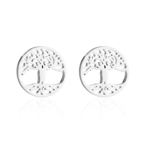 Macro detail of silver stainless steel hollow Tree of Life stud earrings on white background