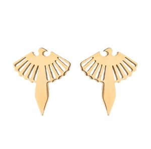 Detailed view of golden phoenix stud earrings with delicate cutout wing patterns
