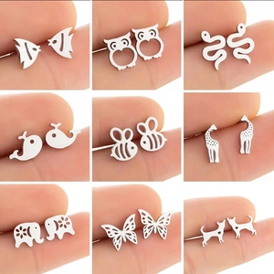 Minimalist Stainless Steel Animal Stud Earrings For Women Cute Owl Cat Dog Bee Snake Elephant Giraffe Whale Jewelry