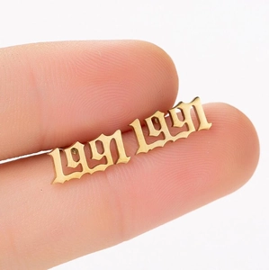 Gothic 1991 year number stud earrings in gold-tone metal finish for women
