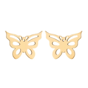 Makro-Detail von goldenen Schmetterling-Ohrsteckern mit hohlen Flügelmustern und Textur