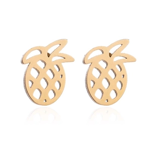 Detailed close-up of hollow pineapple stud earrings with polished gold finish texture
