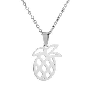 Minimalist silver stainless steel necklace featuring a hollow pineapple pendant on a cross chain