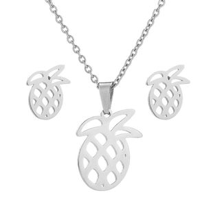 Minimalist hollow pineapple jewelry set with silver pendant necklace and stud earrings