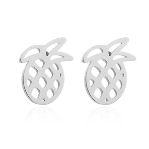 Minimalist silver stainless steel hollow pineapple stud earrings for women with simple design