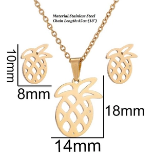 Golden stainless steel pineapple necklace and earring jewelry set with hollow design