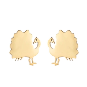 Detailed back view of peacock-shaped earrings in gold-tone metal with sleek stud backing