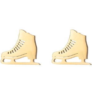 Detailed close-up of polished gold ice skate studs showing fine laces and blade lines