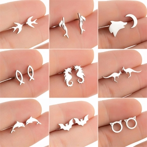 Stainless Steel Animal Stud Earrings For Women Mermaid Dolphin Swallow Kangaroo Bat Cat Reindeer Snowflake Moon Jewelry