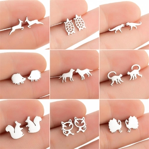Minimalist Stainless Steel Animal Stud Earrings For Women Small Cat Dog Dinosaur Monkey Hedgehog Small Animal Earrings